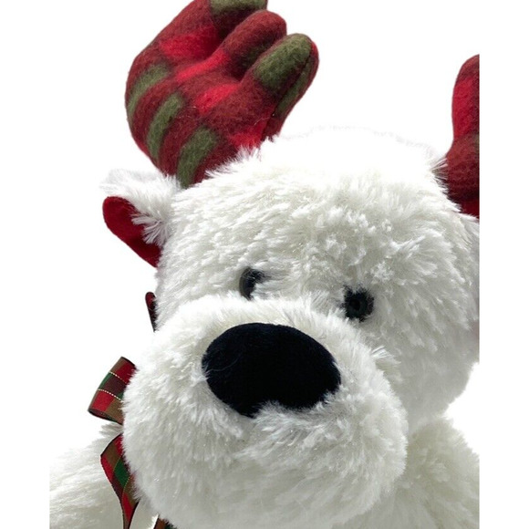 Plush Christmas plaid Antler White Reindeer Toy Holiday Stuffed Animal Bow 15" - Picture 2 of 9